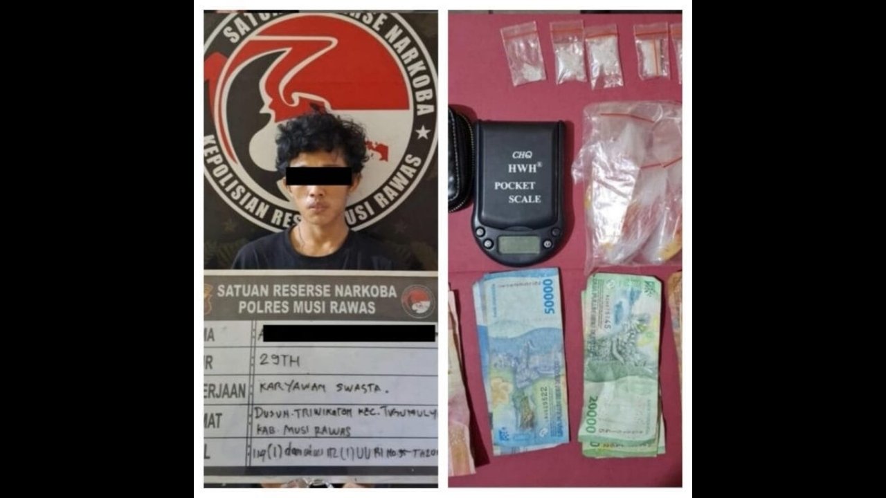 Petugas meringkus seorang pemuda berinisial AP (29), warga Desa Triwikaton, Kecamatan Tugumulyo, saat sedang menimbang sabu di rumah kontrakannya, Senin (8/9/2025) sekitar pukul 15.30 WIB. Foto: dokumentasi Polres Musi Rawas