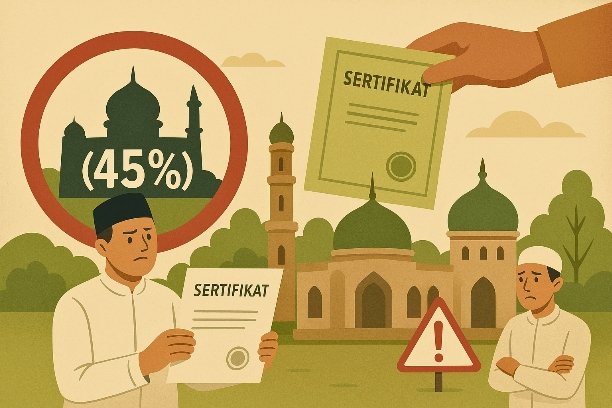 Baru 45% tanah wakaf di Indonesia yang bersertifikat, membuat ribuan masjid dan musala masih rawan sengketa. Pemerintah dorong percepatan legalisasi.