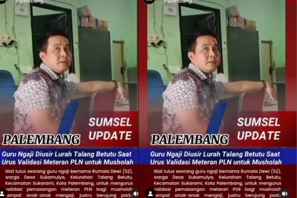 Video viral di Palembang menampilkan Lurah Talang Betutu diduga mengusir guru ngaji yang hendak mengurus validasi meteran listrik mushola. Insiden ini menuai sorotan warganet dan memunculkan kritik terhadap pelayanan publik di tingkat kelurahan.